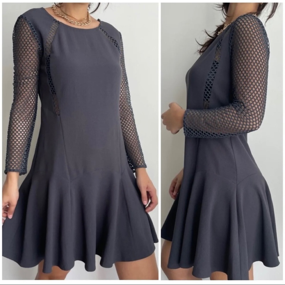 $425 Rebecca Taylor Sz 4 Gray Mesh Fishnet Fit and Flare Dress Skater Work